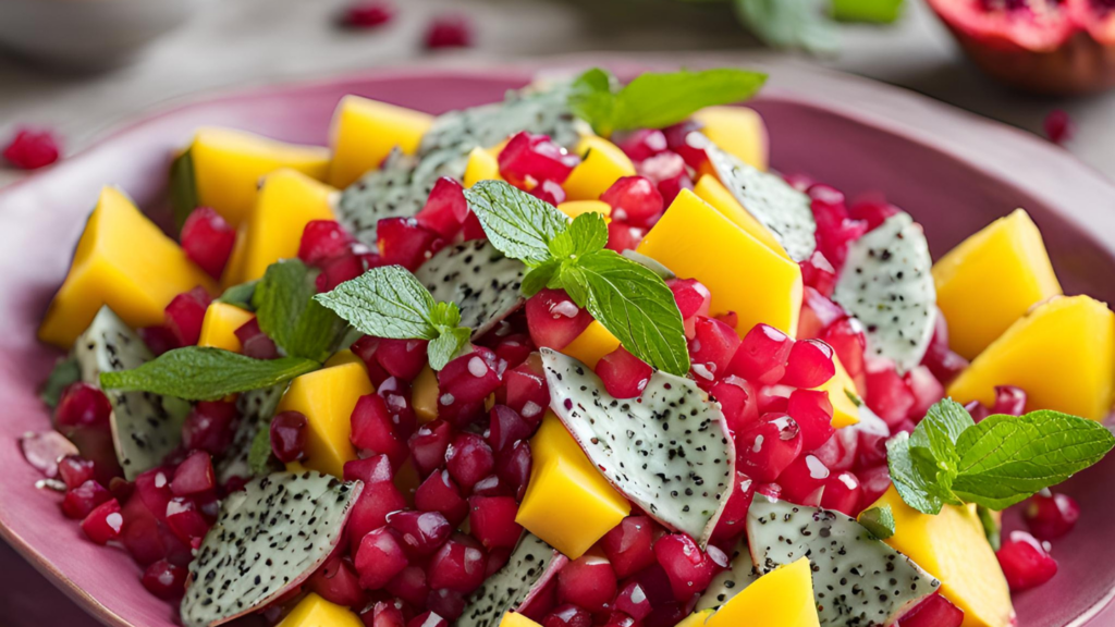 Ensalada Exótica de Mango y Pitahaya Roja con Granada y Menta