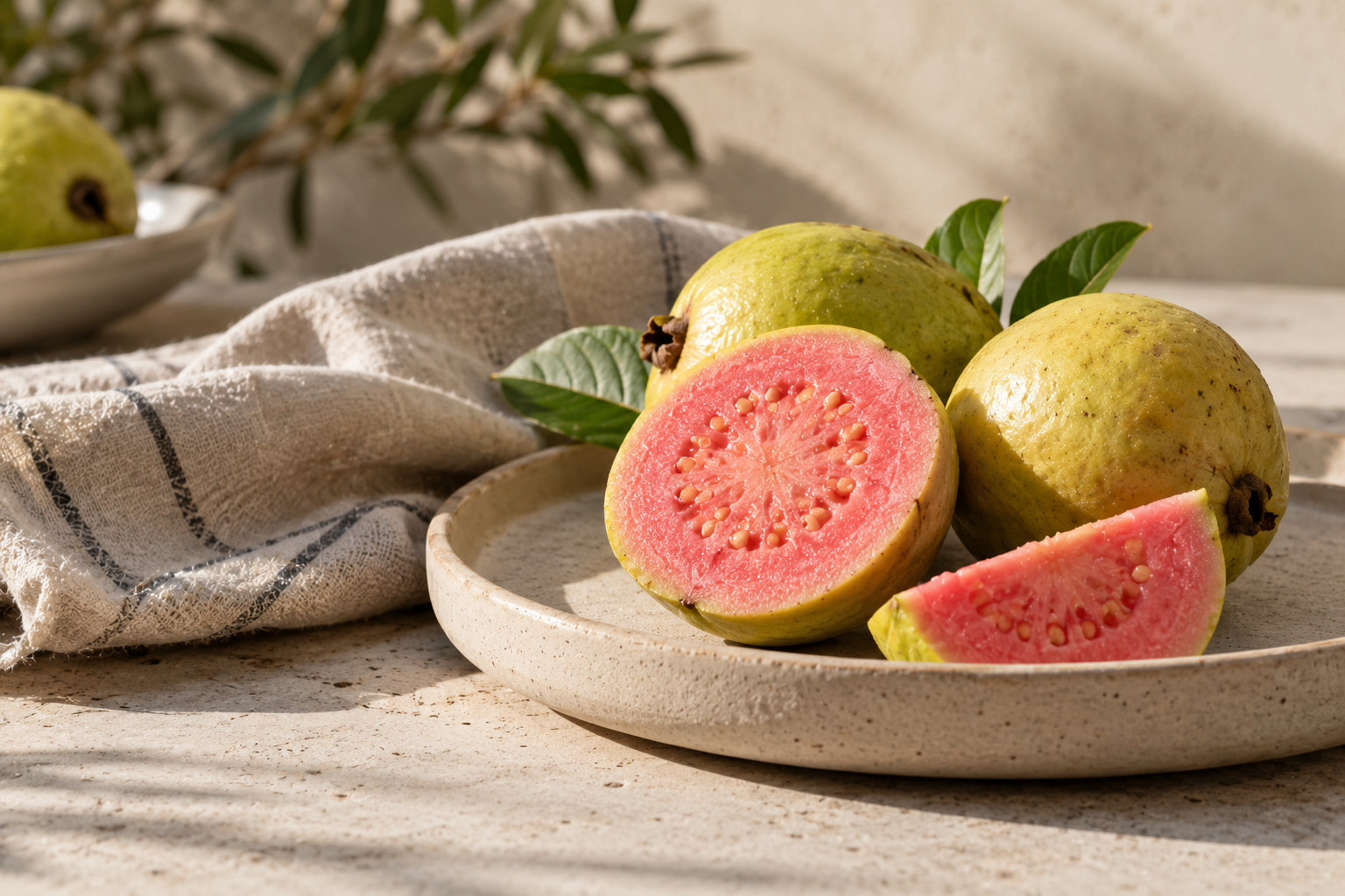 Guayaba rosa entera y cortada sobre un plato de cerámica