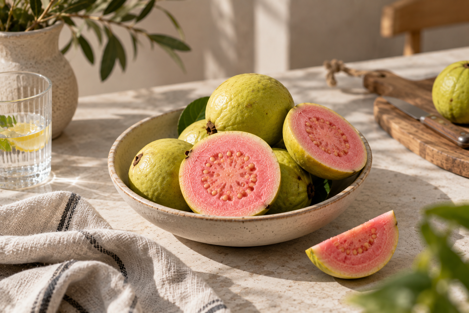 Guayaba rosa cortada y servida sobre un plato en una mesa